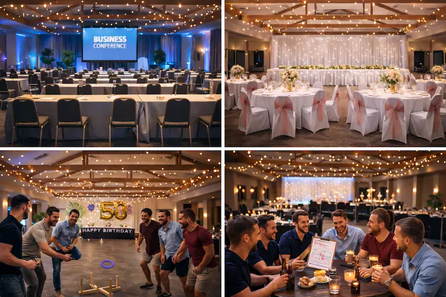 Planering av festlokal för olika typer av evenemang – flexibel lokal anpassad för konferens, bröllop, födelsedagsfirande och middag med stämningsfull belysning.